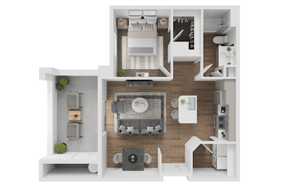 A 3D floor plan of a small apartment with a living room, kitchen, and bathroom.
