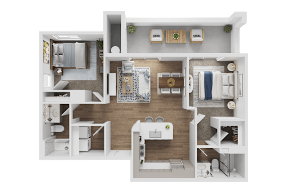 A detailed 3D floor plan of a small apartment layout.