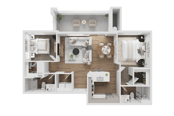 A top-down view of a house layout with a kitchen, living room, dining area, and bedrooms.