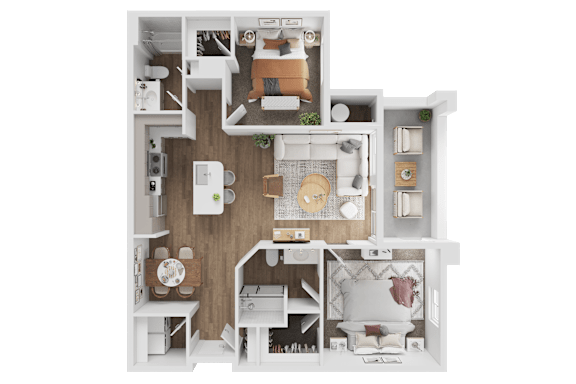 A detailed 3D floor plan of a house layout.