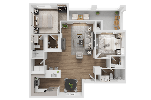 A detailed 3D floor plan of a modern apartment layout.