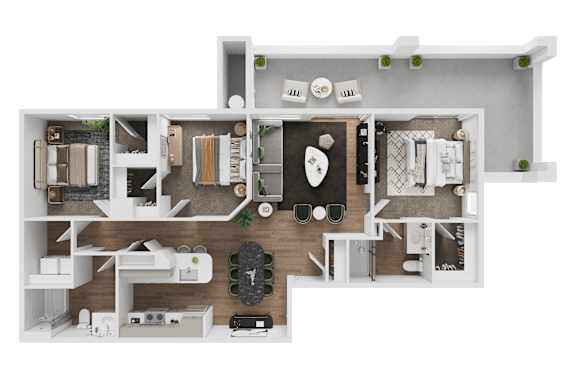A 3D floor plan of a house with labeled rooms.