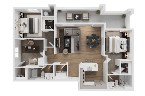 A 3D floor plan of a house showing a kitchen, living room, and bathroom.
