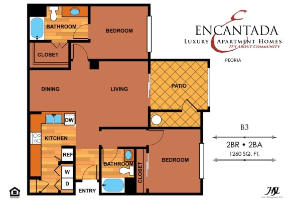 Encantada Peoria B3 floor plan of a 2 bedroom apartment with 2 bathrooms