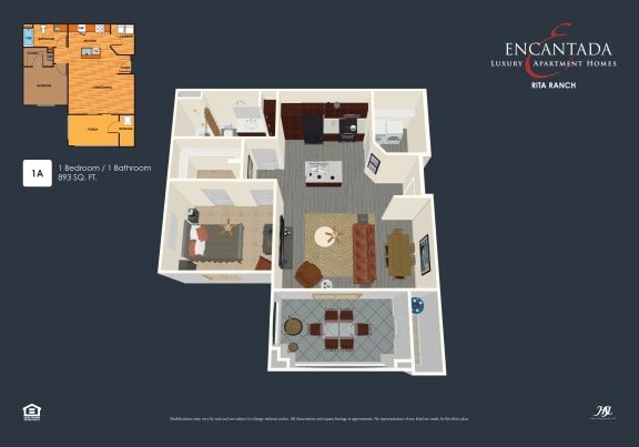 Encantada Rita Ranch 1 Bed floor plan 3D rendering, with 2D image on top left hand corner.