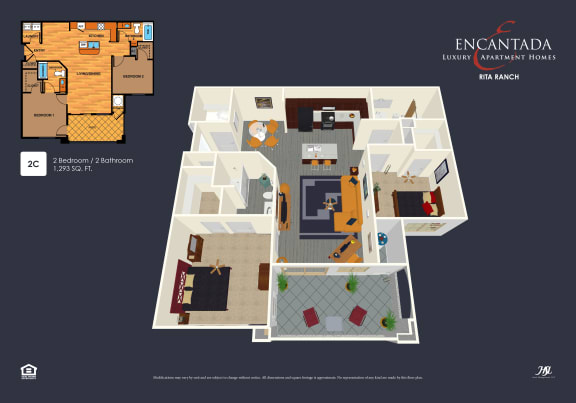 Encantada Rita Ranch 2C Bed floor plan 3D rendering, with 2D image on top left hand corner.