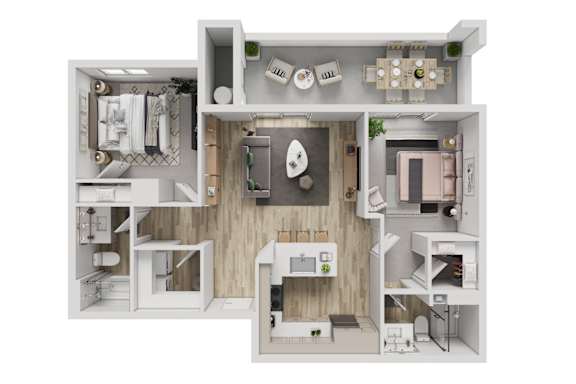 A white floor plan of a house with a kitchen, living room, and bathroom.