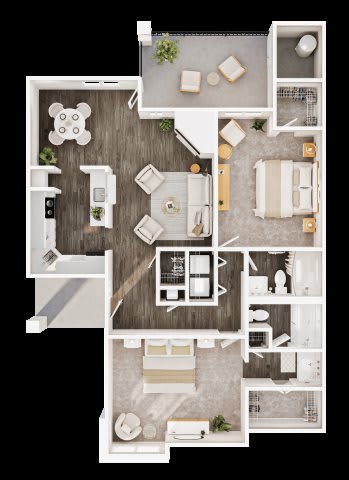 A top-down view of a house layout with a kitchen, living room, dining area, and bathroom.