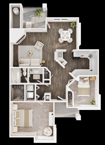 A top-down view of a house layout with a living room, kitchen, and two bedrooms.