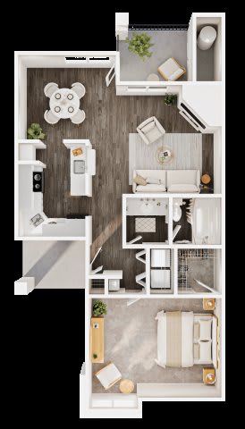 A floor plan of a small apartment with a kitchen, living room, and bathroom.