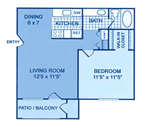 A floorplan showing one bedroom and one bath.