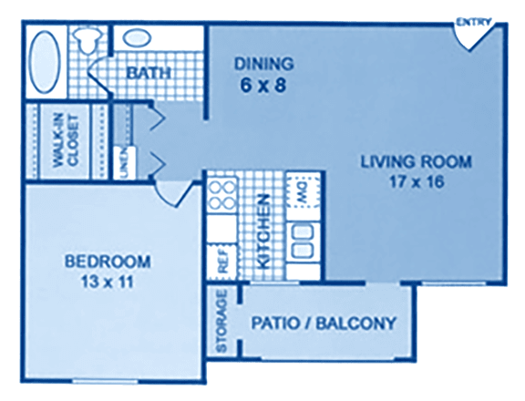 A floorplan showing one bedroom and one bath.