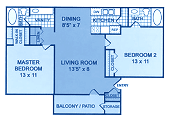 A floorplan showing two bedrooms and two bathrooms.