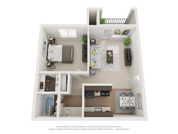 A top-down view of a small apartment with a kitchen, living room, and bedroom.