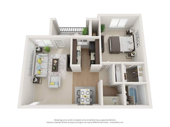 A white floor plan of a house with a kitchen, living room, and bathroom.
