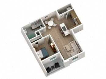 A 3D floor plan of a house with a kitchen, living room, and two bedrooms.