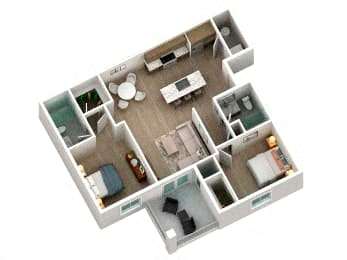 A 3D image of a house layout with a kitchen, living room, and bathroom.