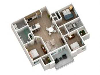A 3D floor plan of a house with a kitchen, living room, and two bedrooms.