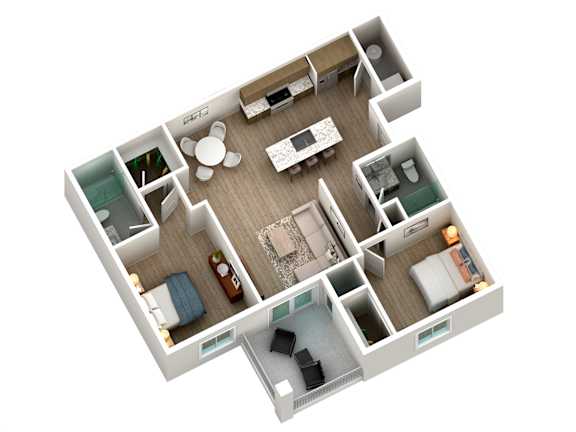 A 3D floor plan of a small apartment layout.