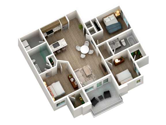 A 3D floor plan of a house with a kitchen, living room, and bedrooms.