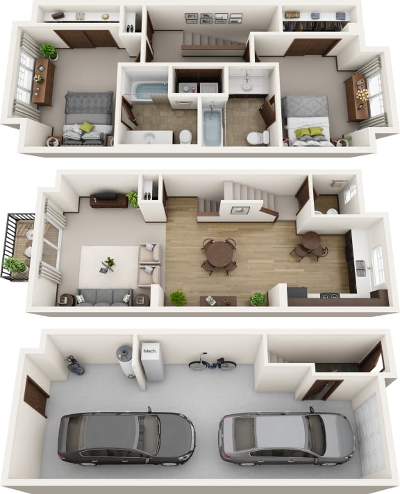 3d rendering of the top view of the house with cars