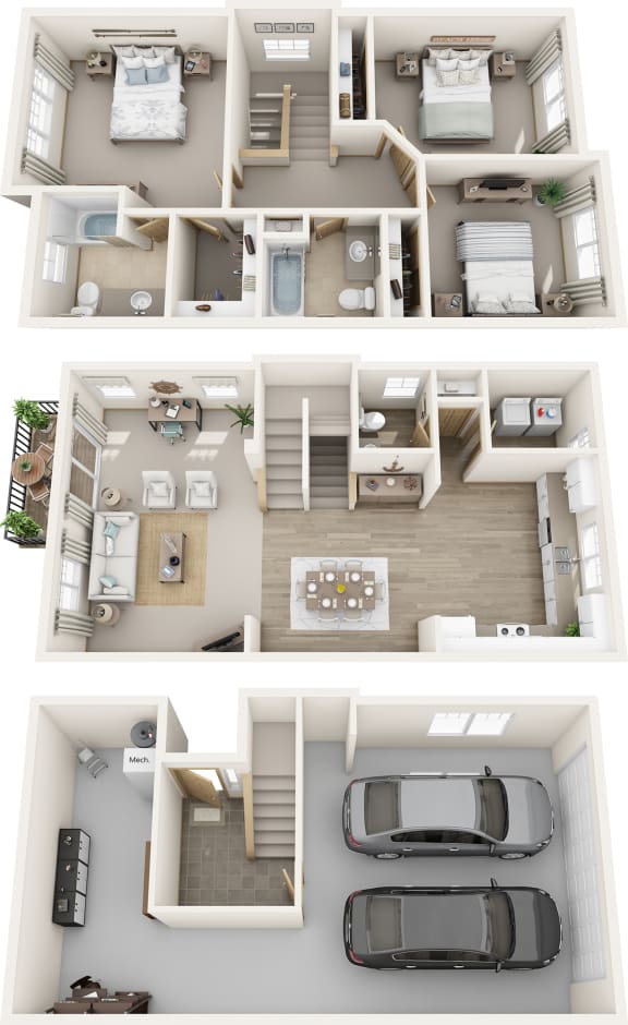 three dimensional floor plan of a house with a car in the garage