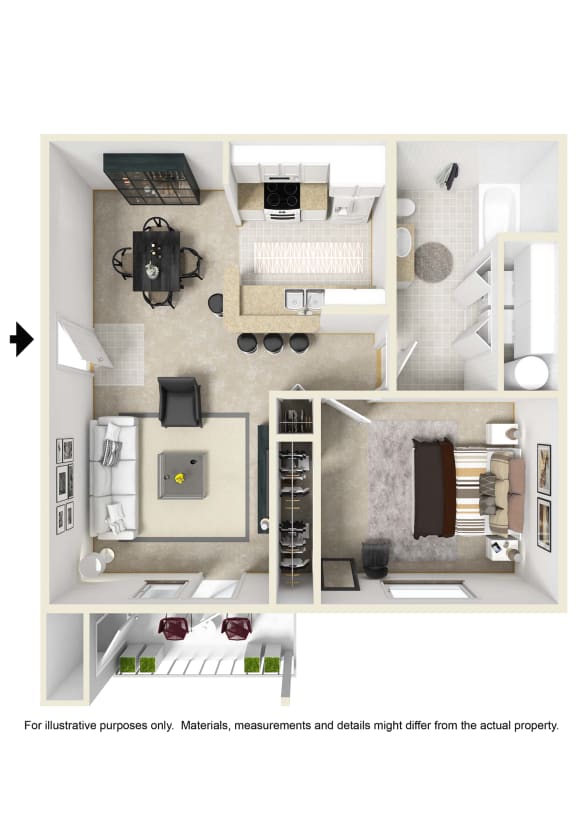 a 3d rendering of a studio apartment with a bedroom and a living room