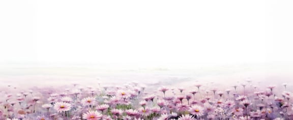 a painting of a field of flowers with the sky in the background