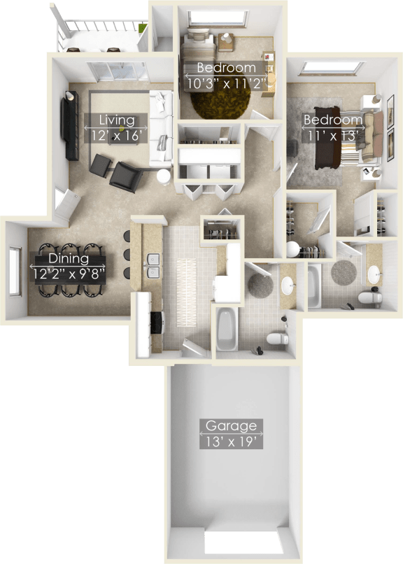 a floor plan of a two bedroom apartment with two bathrooms and a balcony