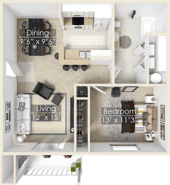 a floor plan of a studio apartment with a bedroom and a living room