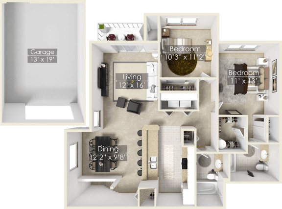 a floor plan of a two bedroom apartment with two bathrooms and a balcony
