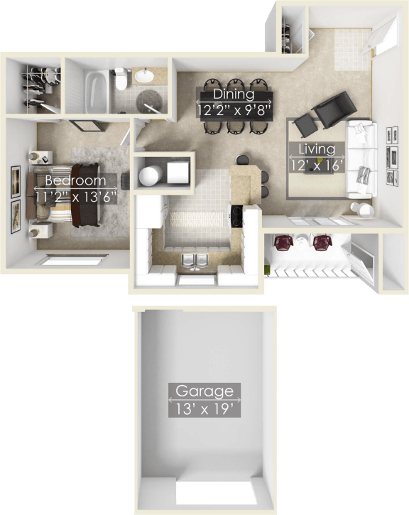 a floor plan for a garage apartment with a bedroom and a bathroom