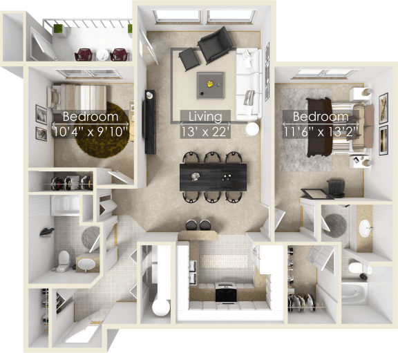 a floor plan of a two bedroom apartment with a bathroom and a balcony
