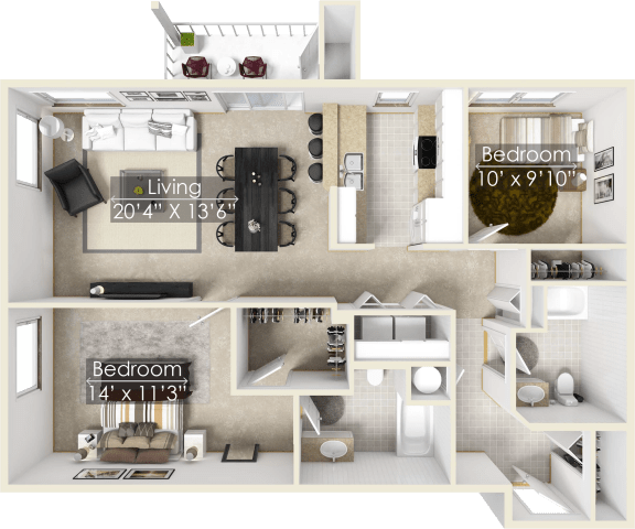 a floor plan of a two bedroom apartment with two bathrooms and a balcony