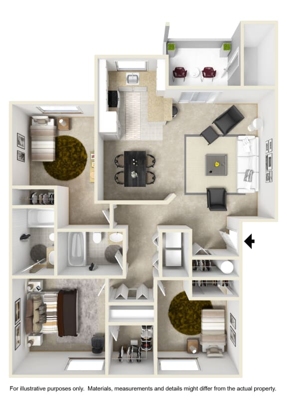 a floor plan of a two bedroom apartment with two bathrooms and a balcony
