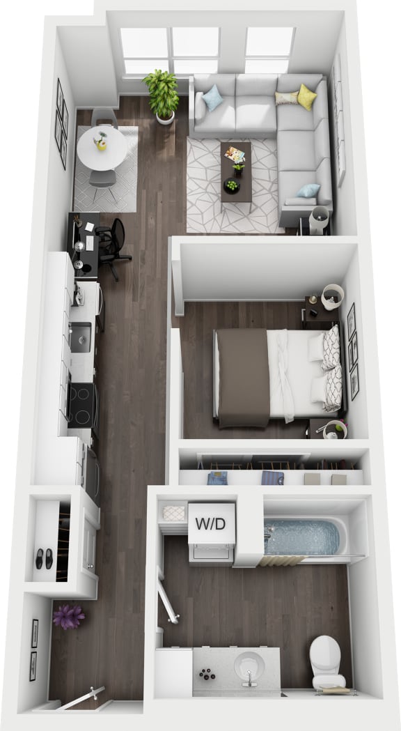 Floor Plan  a 3d drawing of a bedroom with a bathroom and a living room