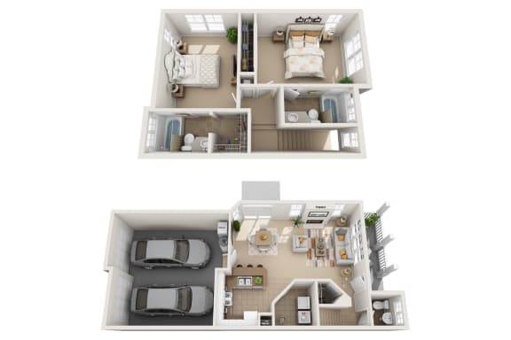 a stylized floor plan of a house with two different views