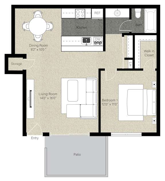 A floor plan of a home with a dining room, living room, kitchen, bathroom, and two bedrooms.