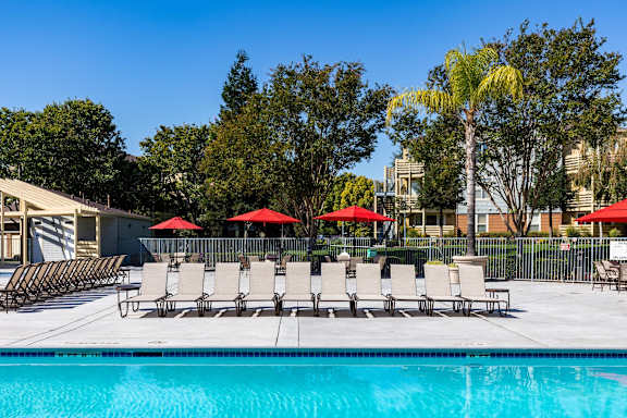 A pool with chairs and umbrellas in front of a building at The Woods Apartments, San Jose