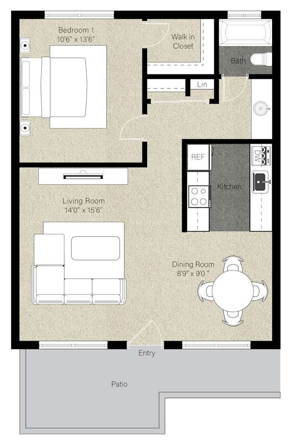 A floor plan of a house with a living room, dining room, kitchen, and two bedrooms.