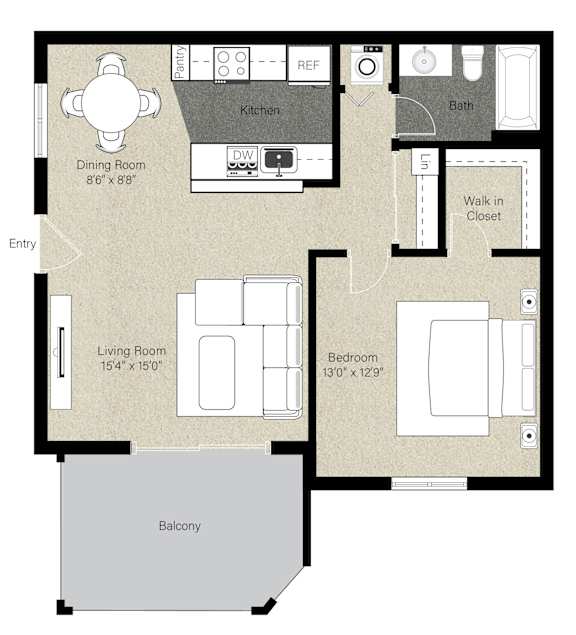 A floor plan of a house with a dining room, living room, kitchen, bath, and balcony.