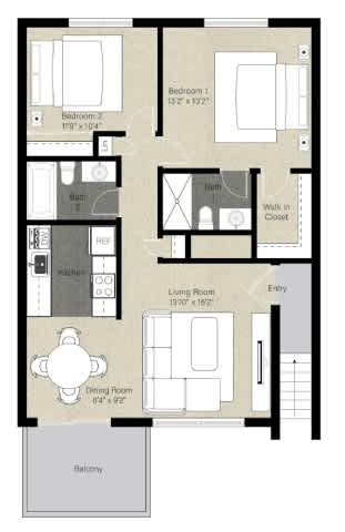 A floor plan of a house with a living room, two bedrooms, a bathroom, a kitchen, a dining room, and a balcony.