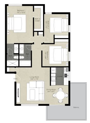 A floor plan of a house with a living room, dining room, kitchen, and two bedrooms.