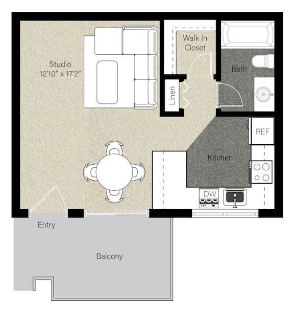 A floor plan of a home with a studio, kitchen, and balcony.