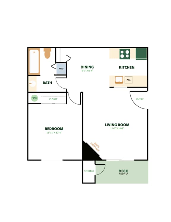 Floor Plan  A floor plan of a house with a kitchen, living room, dining room, bathroom, bedroom and deck.