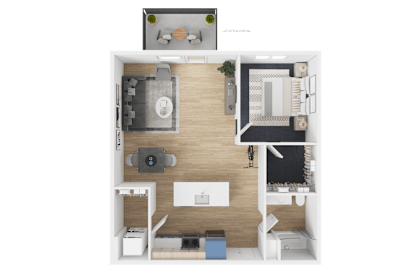 Floor Plan  A 3D floor plan of a small apartment with a kitchen, living room, and bathroom.