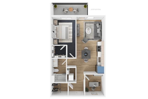 Floor Plan  A floor plan of a small apartment with a kitchen, living room, and bathroom.