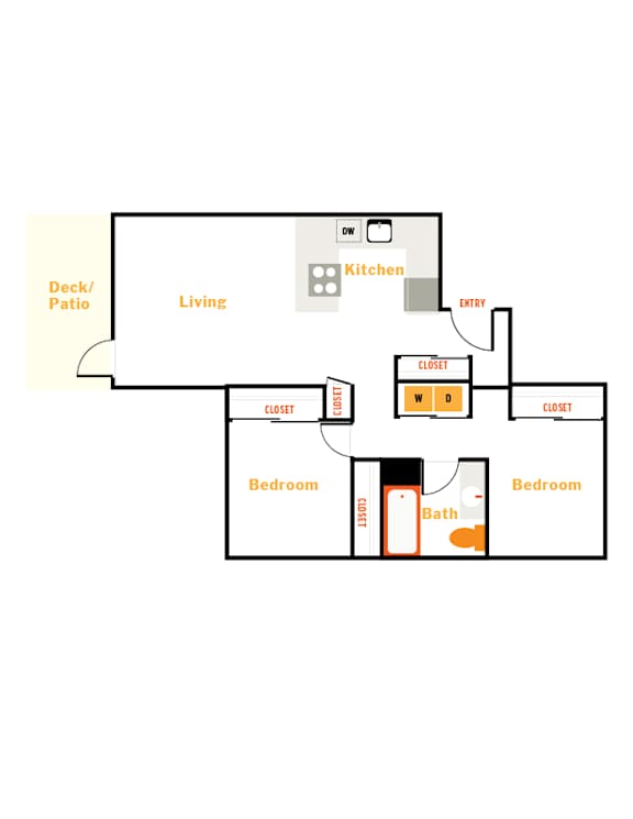 Floor Plan  A diagram of a house layout with two bedrooms, a living room, a kitchen, a bathroom, a deck, and a closet.