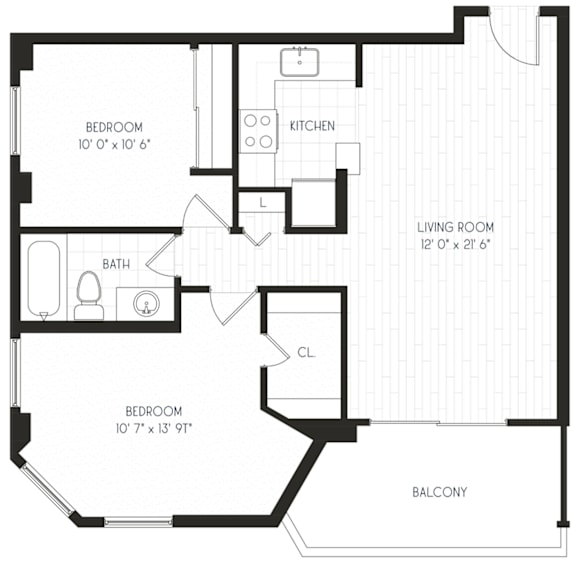 Floor Plan  A floor plan of a house with two bedrooms, a living room, a dining room, a kitchen, a deck, a patio, and a bathroom.