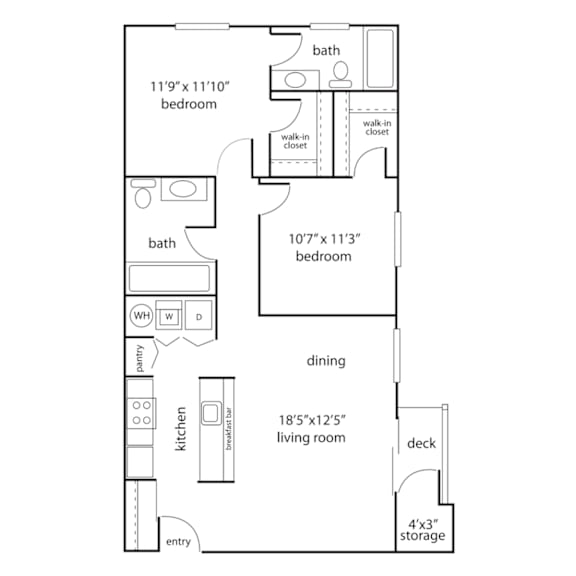 A floor plan of a house with two bedrooms, a living room, a kitchen, a dining area, a bathroom, and storage.